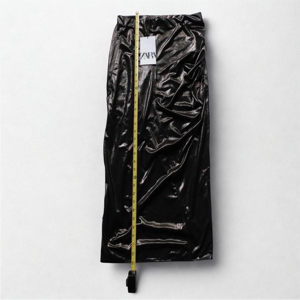 Zara Black Shiny Gathered Midi Skirt Size Small NWT Back Slit
